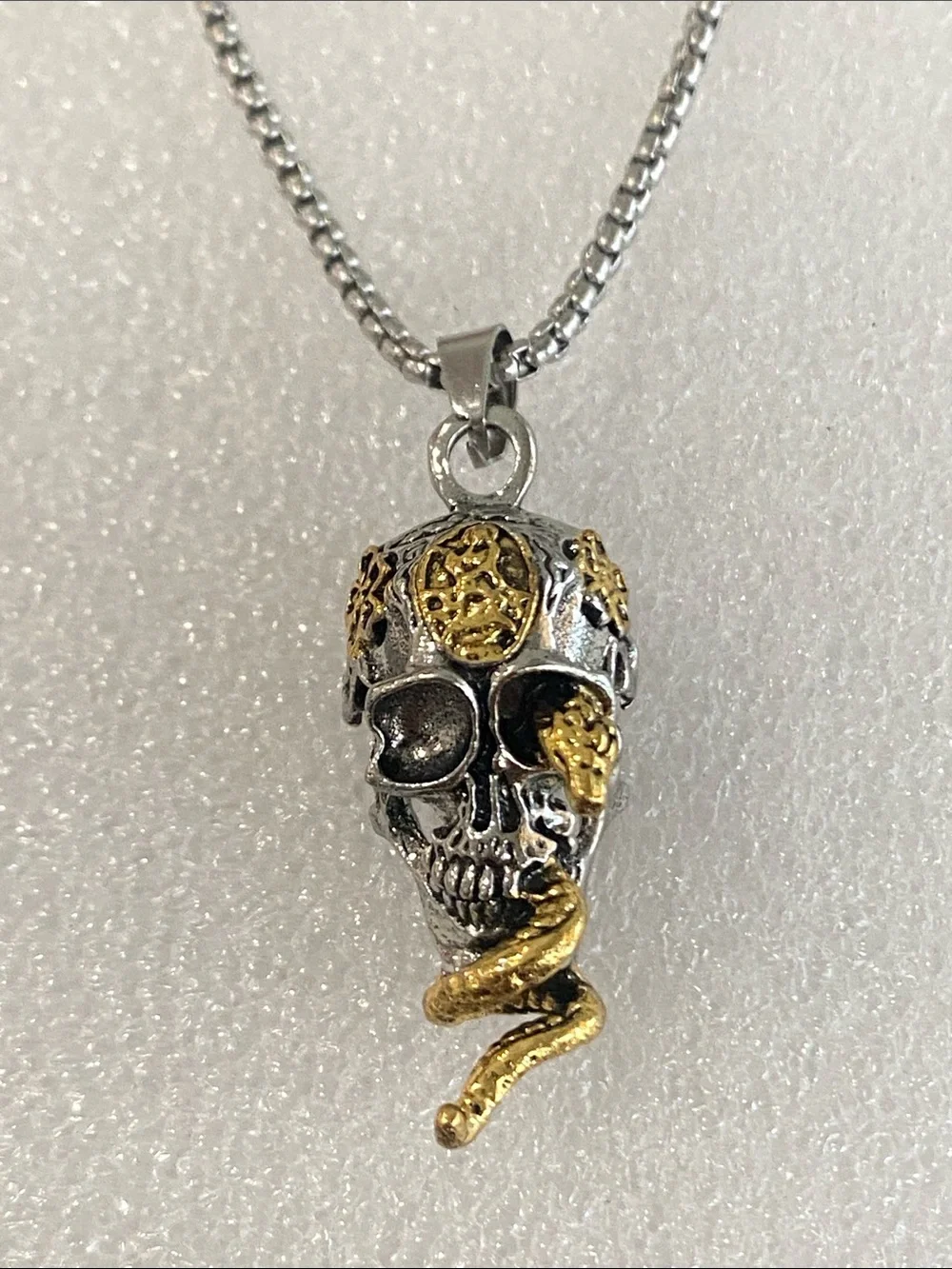 Silver Skull Pendant Necklace with Gold Snake Accents